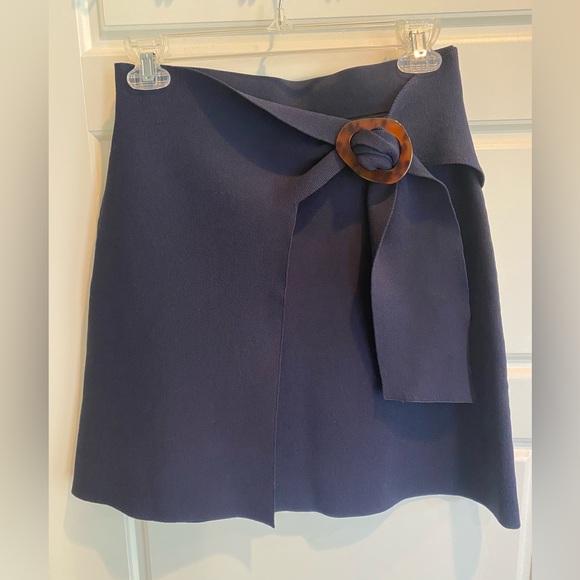 Sandro Paris Faux Wrap Belted Knit Mini Skirt in Navy Size 2/ US 6 - Picture 5 of 6